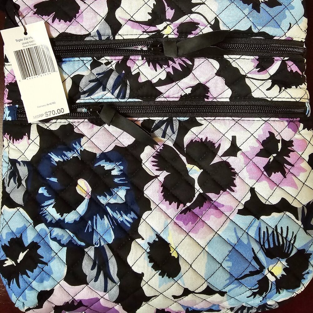 Vera Bradley Triple Zip Hipster Crossbody Bag in Plum Pansies NWT